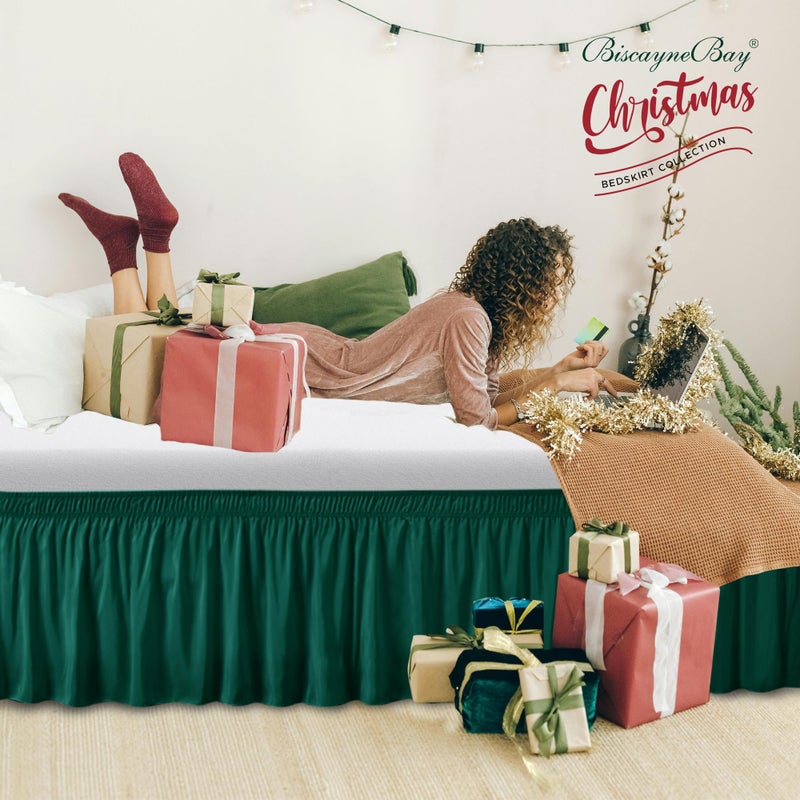 Biscaynebay Wrap Around Bed Skirts for Queen Beds 15" Drop, Christmas Hunter Green Adjustable Elastic Dust Ruffles Easy Fit Wrinkle & Fade Resistant Silky Luxurious Fabric Machine Washable - Image 2